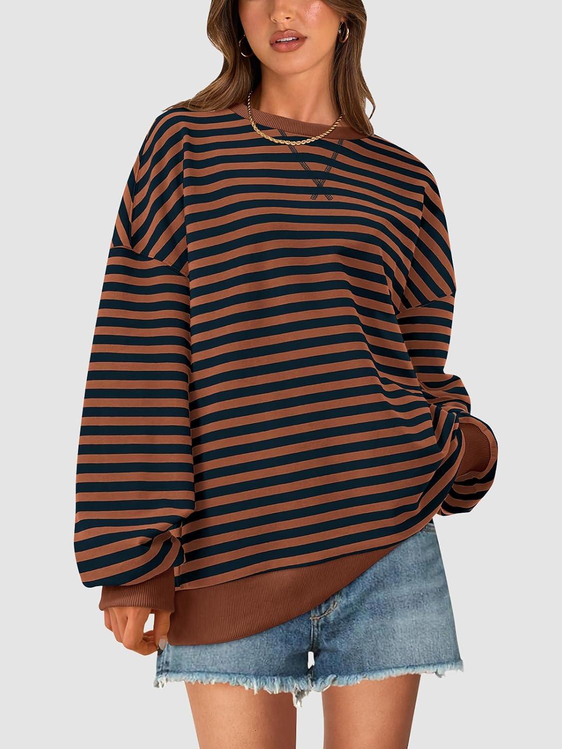 imagePRETTYGARDEN Womens Striped Oversized Sweatshirt Color Block Crew Neck Long Sleeve Casual Loose Pullover Top Y2K ClothesBrown Navy