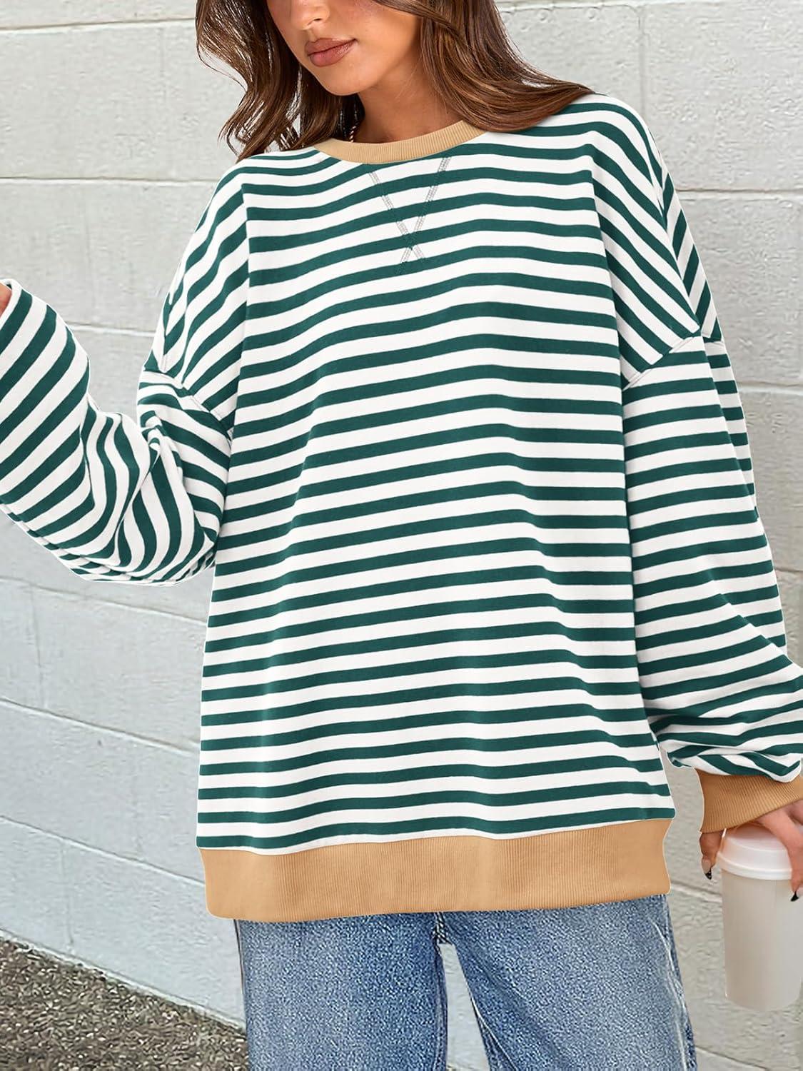 imagePRETTYGARDEN Womens Striped Oversized Sweatshirt Color Block Crew Neck Long Sleeve Casual Loose Pullover Top Y2K ClothesGreen White