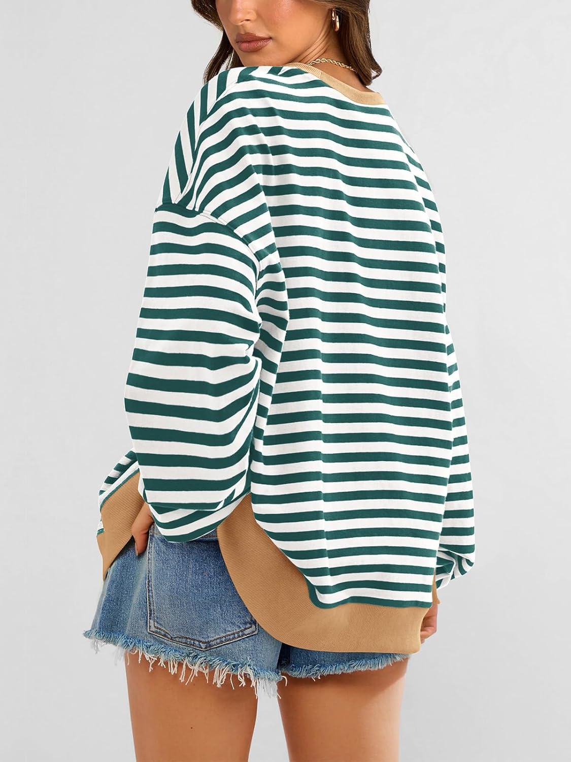 imagePRETTYGARDEN Womens Striped Oversized Sweatshirt Color Block Crew Neck Long Sleeve Casual Loose Pullover Top Y2K ClothesGreen White