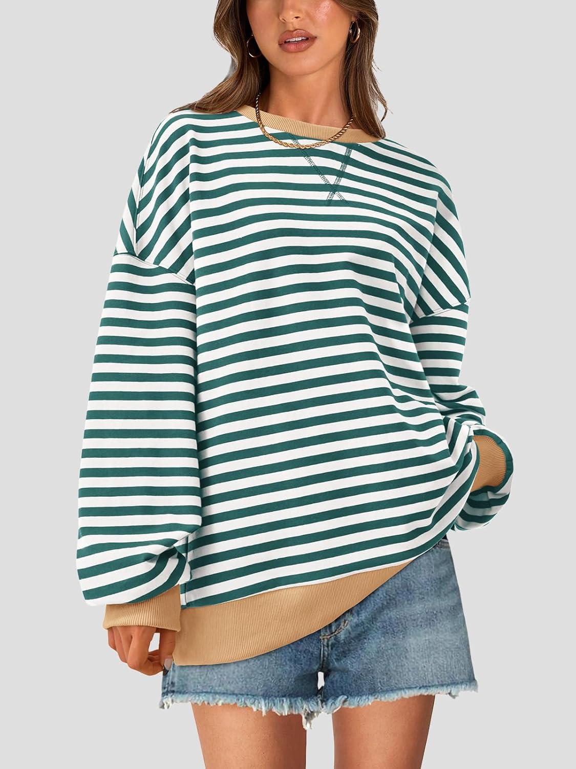 imagePRETTYGARDEN Womens Striped Oversized Sweatshirt Color Block Crew Neck Long Sleeve Casual Loose Pullover Top Y2K ClothesGreen White