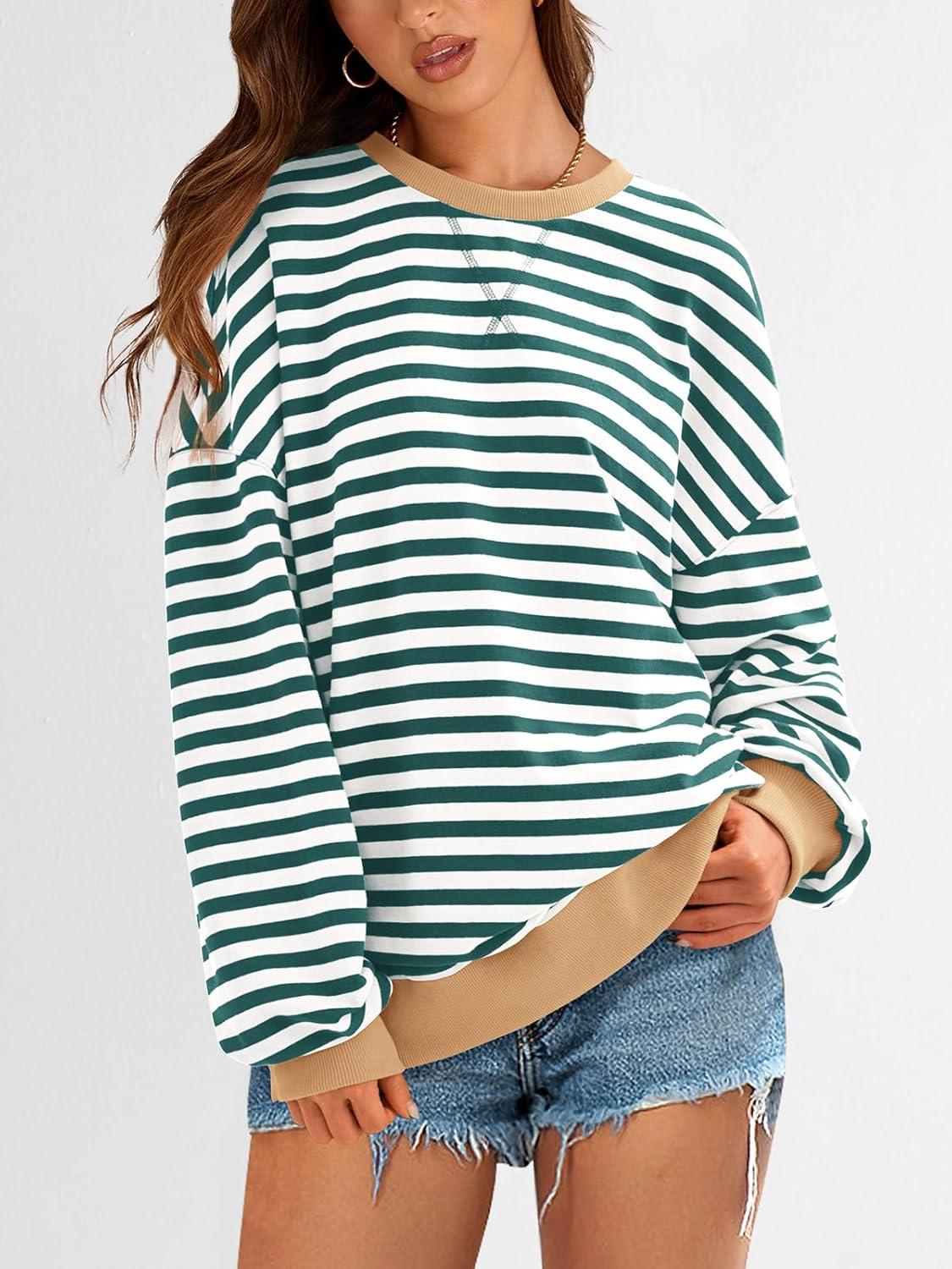 imagePRETTYGARDEN Womens Striped Oversized Sweatshirt Color Block Crew Neck Long Sleeve Casual Loose Pullover Top Y2K ClothesGreen White