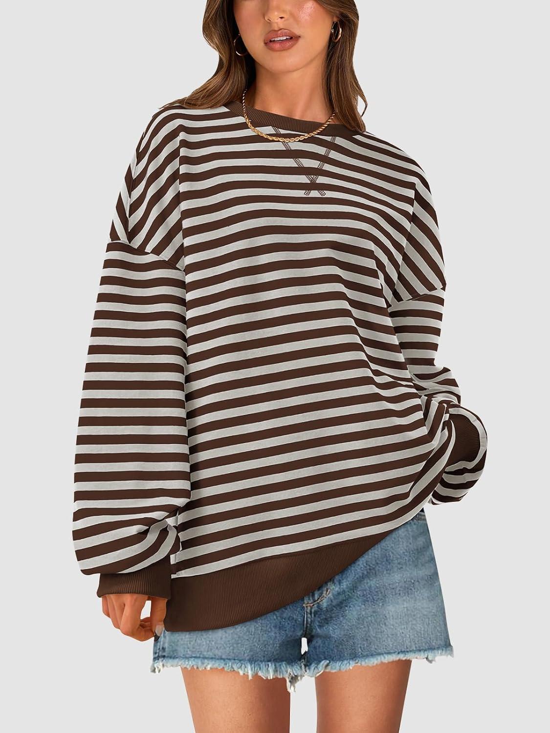 imagePRETTYGARDEN Womens Striped Oversized Sweatshirt Color Block Crew Neck Long Sleeve Casual Loose Pullover Top Y2K ClothesGrey Brown