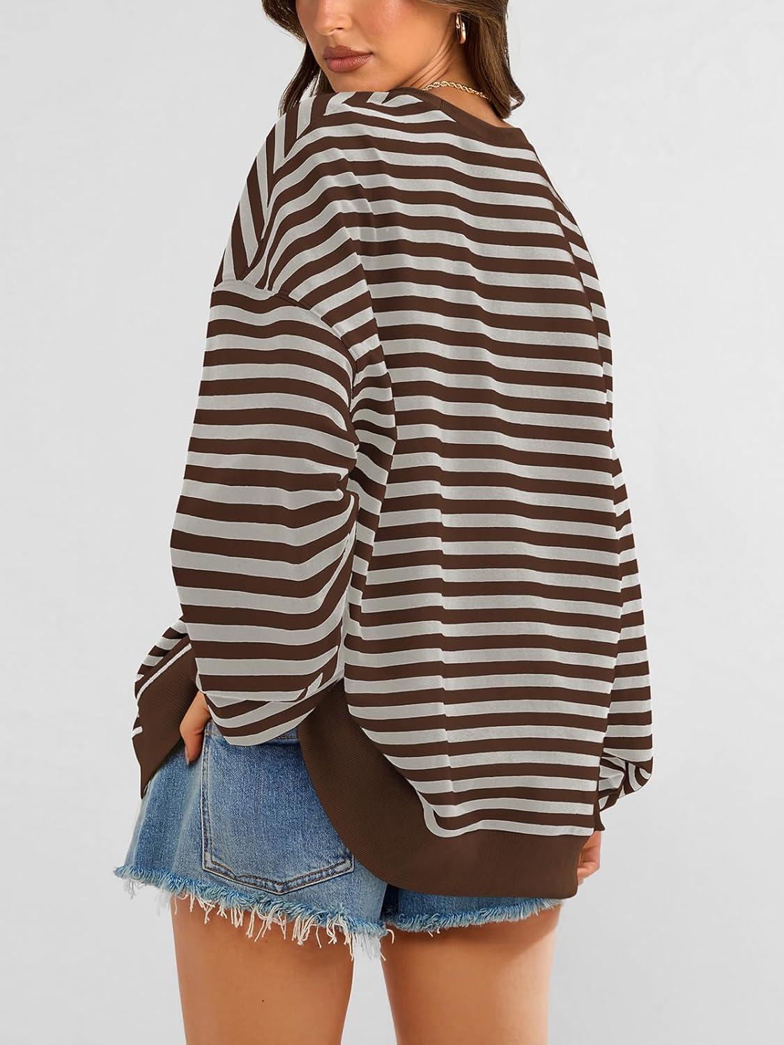 imagePRETTYGARDEN Womens Striped Oversized Sweatshirt Color Block Crew Neck Long Sleeve Casual Loose Pullover Top Y2K ClothesGrey Brown