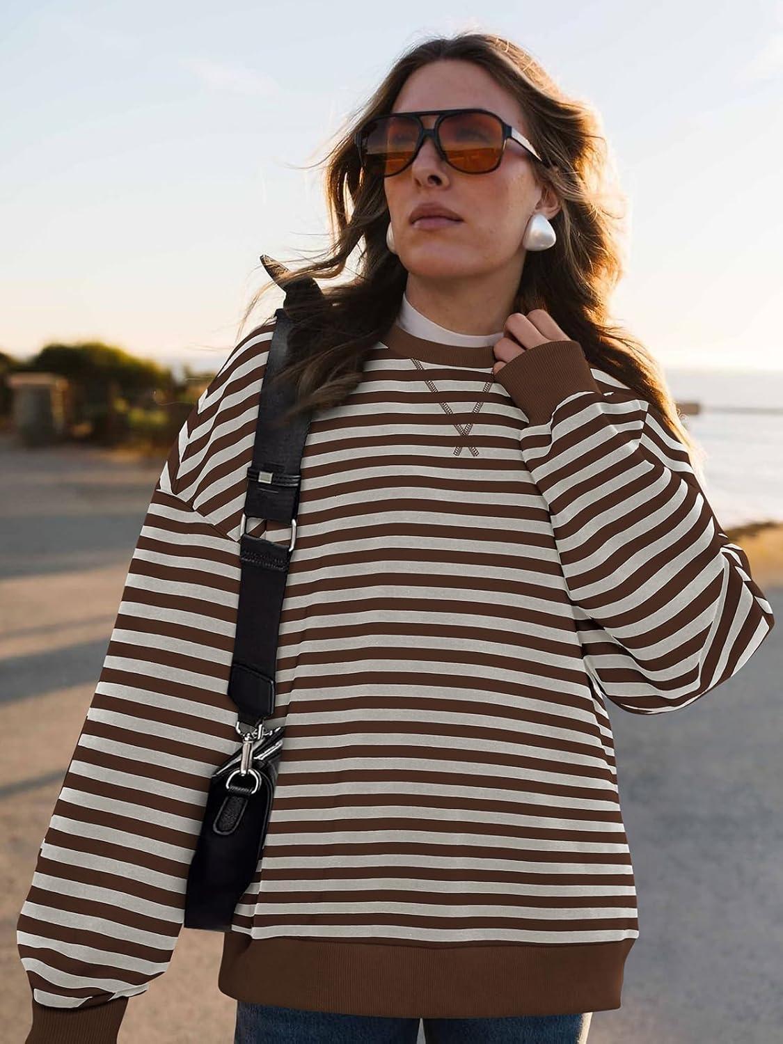 imagePRETTYGARDEN Womens Striped Oversized Sweatshirt Color Block Crew Neck Long Sleeve Casual Loose Pullover Top Y2K ClothesGrey Brown