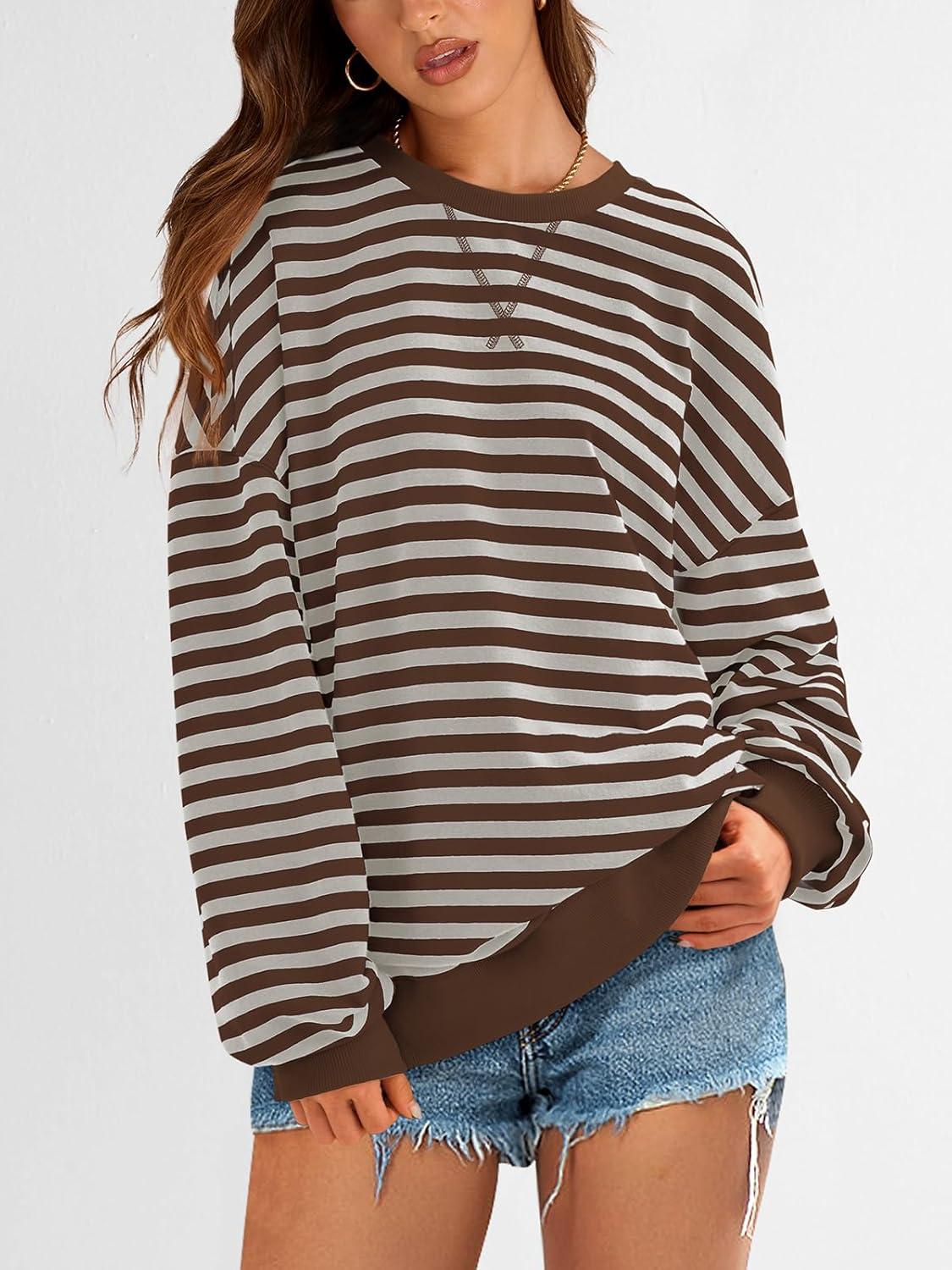 imagePRETTYGARDEN Womens Striped Oversized Sweatshirt Color Block Crew Neck Long Sleeve Casual Loose Pullover Top Y2K ClothesGrey Brown