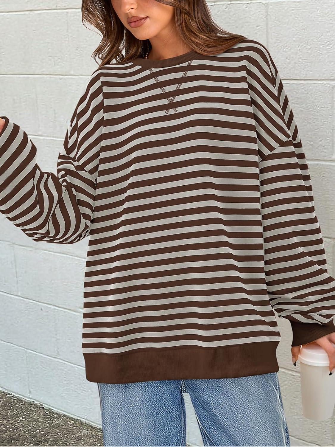imagePRETTYGARDEN Womens Striped Oversized Sweatshirt Color Block Crew Neck Long Sleeve Casual Loose Pullover Top Y2K ClothesGrey Brown