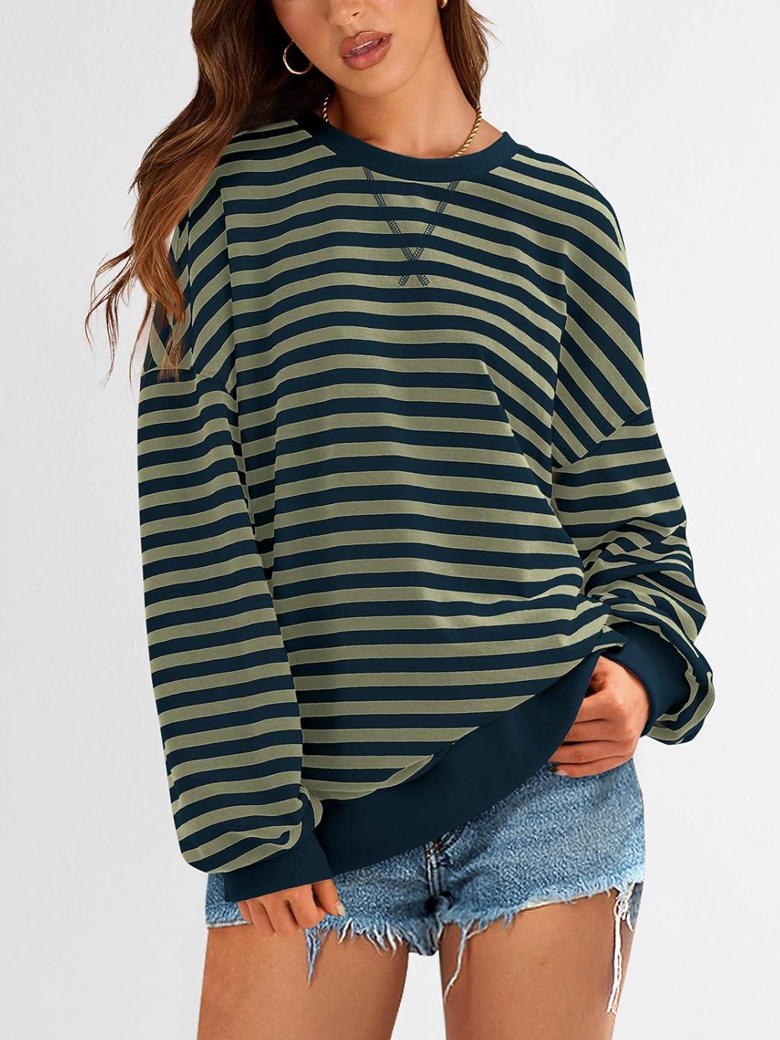 imagePRETTYGARDEN Womens Striped Oversized Sweatshirt Color Block Crew Neck Long Sleeve Casual Loose Pullover Top Y2K ClothesGrey Green Navy