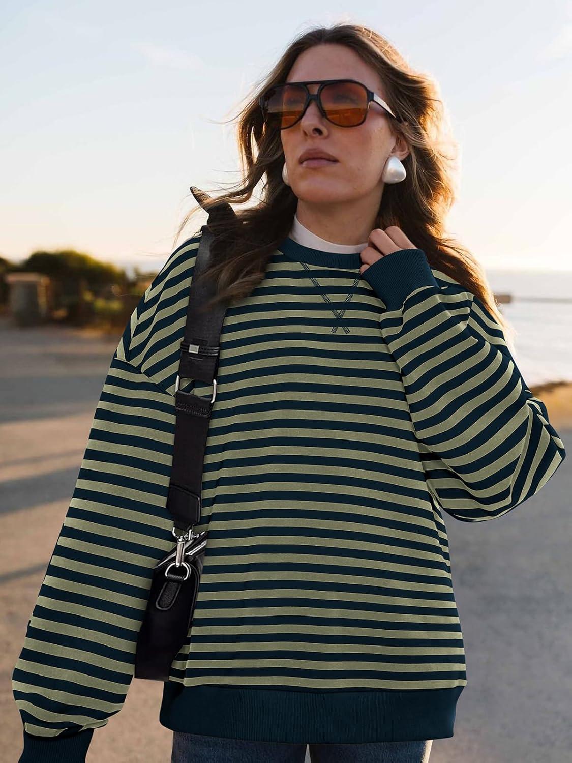 imagePRETTYGARDEN Womens Striped Oversized Sweatshirt Color Block Crew Neck Long Sleeve Casual Loose Pullover Top Y2K ClothesGrey Green Navy