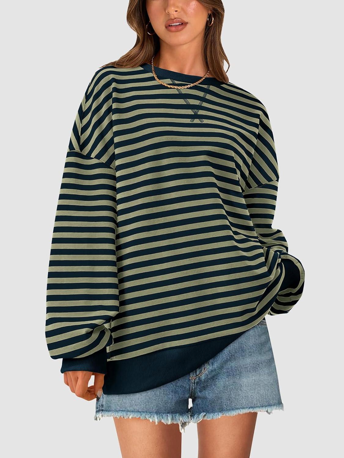 imagePRETTYGARDEN Womens Striped Oversized Sweatshirt Color Block Crew Neck Long Sleeve Casual Loose Pullover Top Y2K ClothesGrey Green Navy