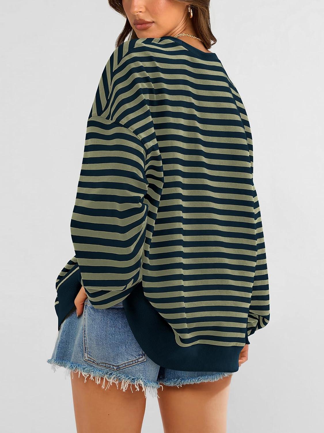 imagePRETTYGARDEN Womens Striped Oversized Sweatshirt Color Block Crew Neck Long Sleeve Casual Loose Pullover Top Y2K ClothesGrey Green Navy