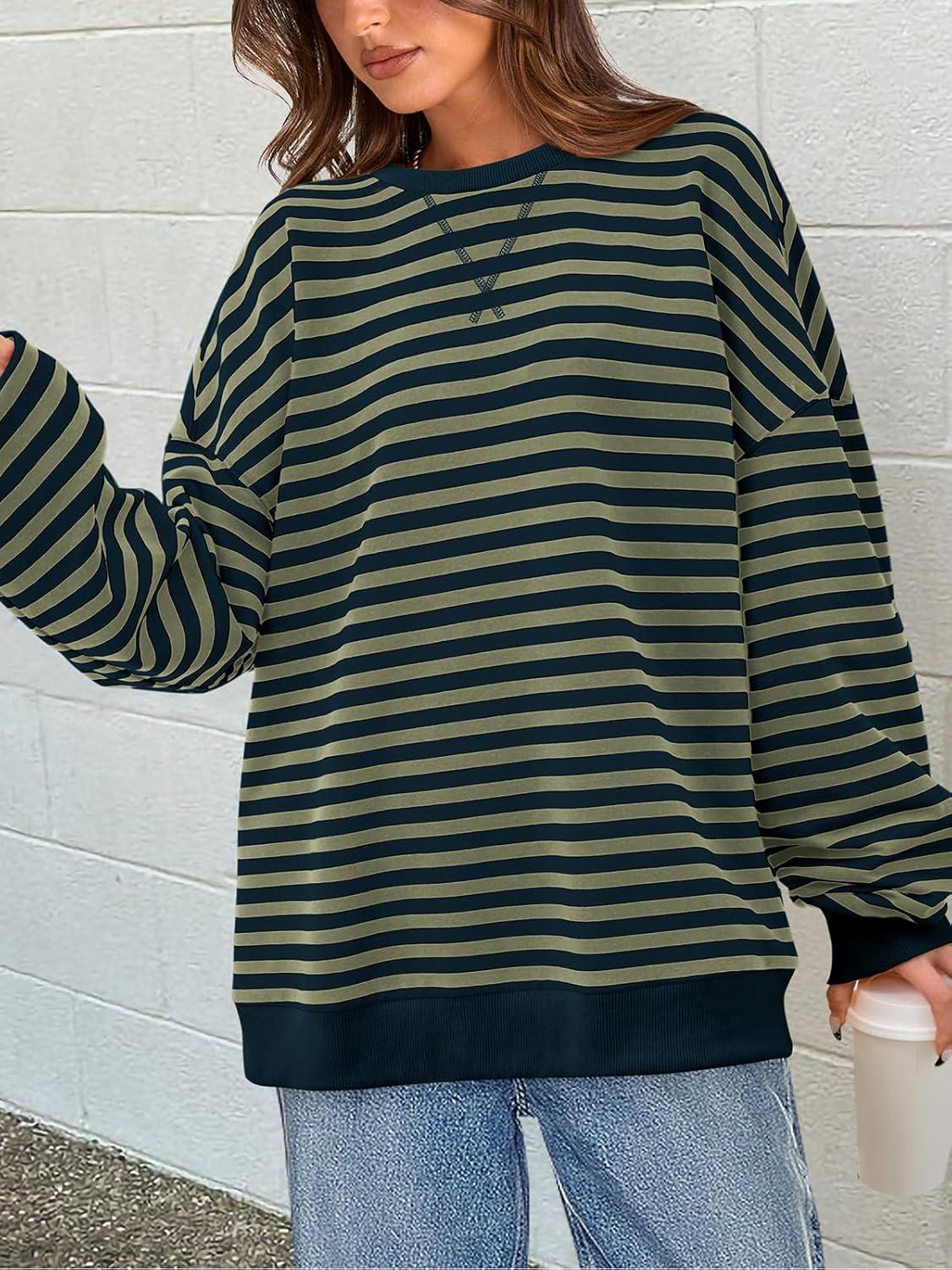 imagePRETTYGARDEN Womens Striped Oversized Sweatshirt Color Block Crew Neck Long Sleeve Casual Loose Pullover Top Y2K ClothesGrey Green Navy