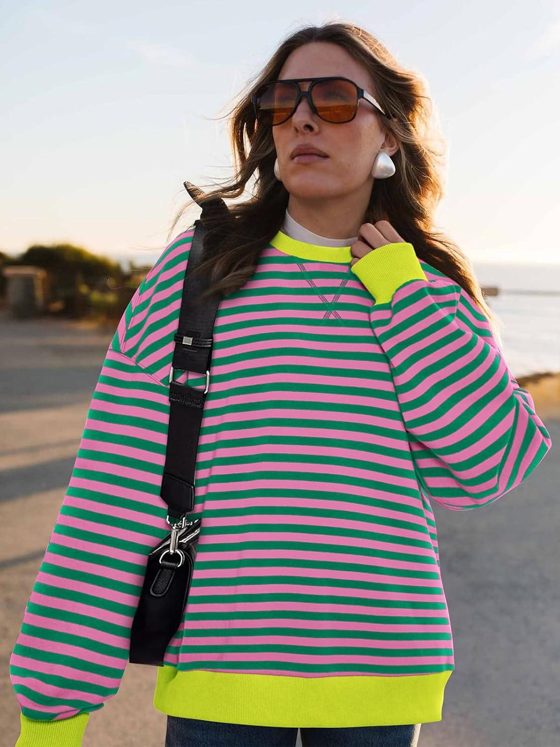 imagePRETTYGARDEN Womens Striped Oversized Sweatshirt Color Block Crew Neck Long Sleeve Casual Loose Pullover Top Y2K ClothesPink Green