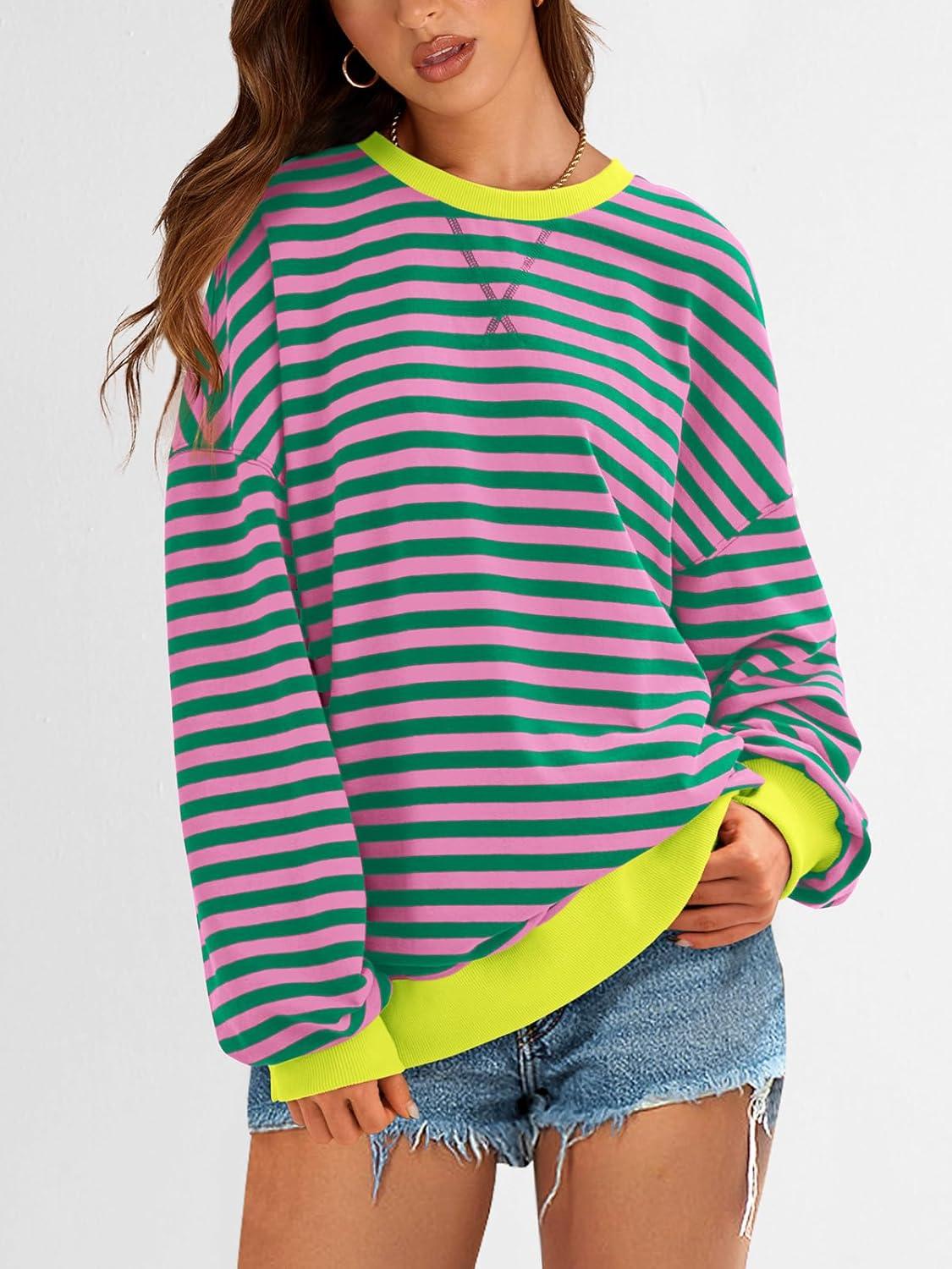 imagePRETTYGARDEN Womens Striped Oversized Sweatshirt Color Block Crew Neck Long Sleeve Casual Loose Pullover Top Y2K ClothesPink Green
