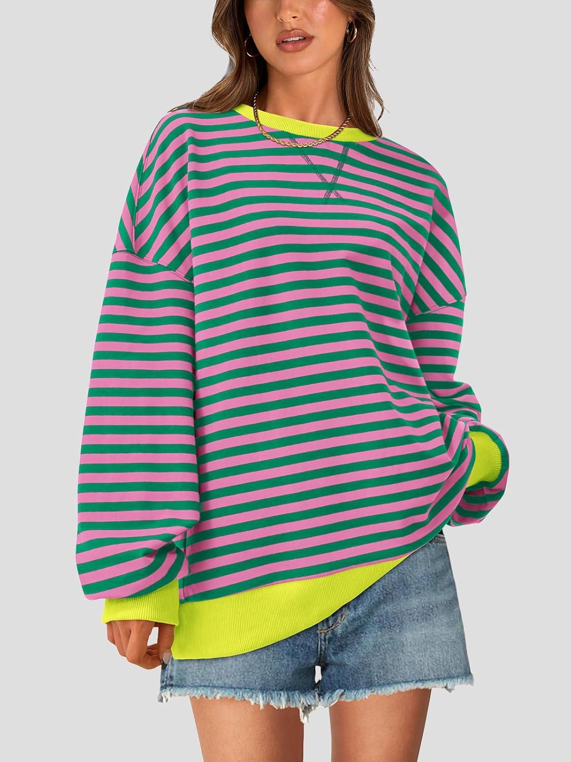 imagePRETTYGARDEN Womens Striped Oversized Sweatshirt Color Block Crew Neck Long Sleeve Casual Loose Pullover Top Y2K ClothesPink Green