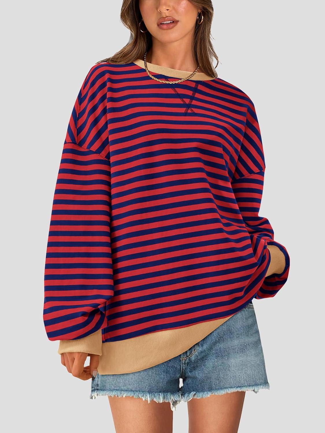 imagePRETTYGARDEN Womens Striped Oversized Sweatshirt Color Block Crew Neck Long Sleeve Casual Loose Pullover Top Y2K ClothesRed Navy