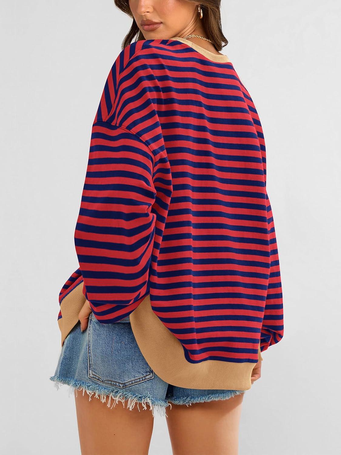 imagePRETTYGARDEN Womens Striped Oversized Sweatshirt Color Block Crew Neck Long Sleeve Casual Loose Pullover Top Y2K ClothesRed Navy