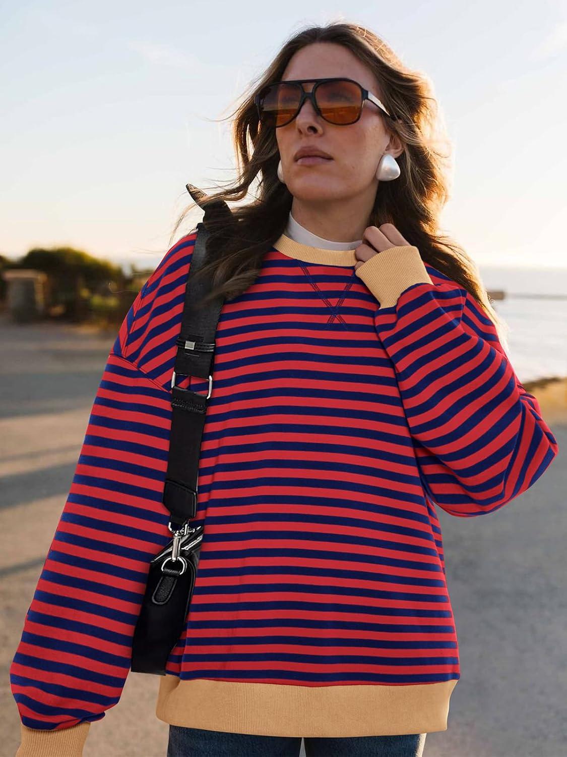 imagePRETTYGARDEN Womens Striped Oversized Sweatshirt Color Block Crew Neck Long Sleeve Casual Loose Pullover Top Y2K ClothesRed Navy
