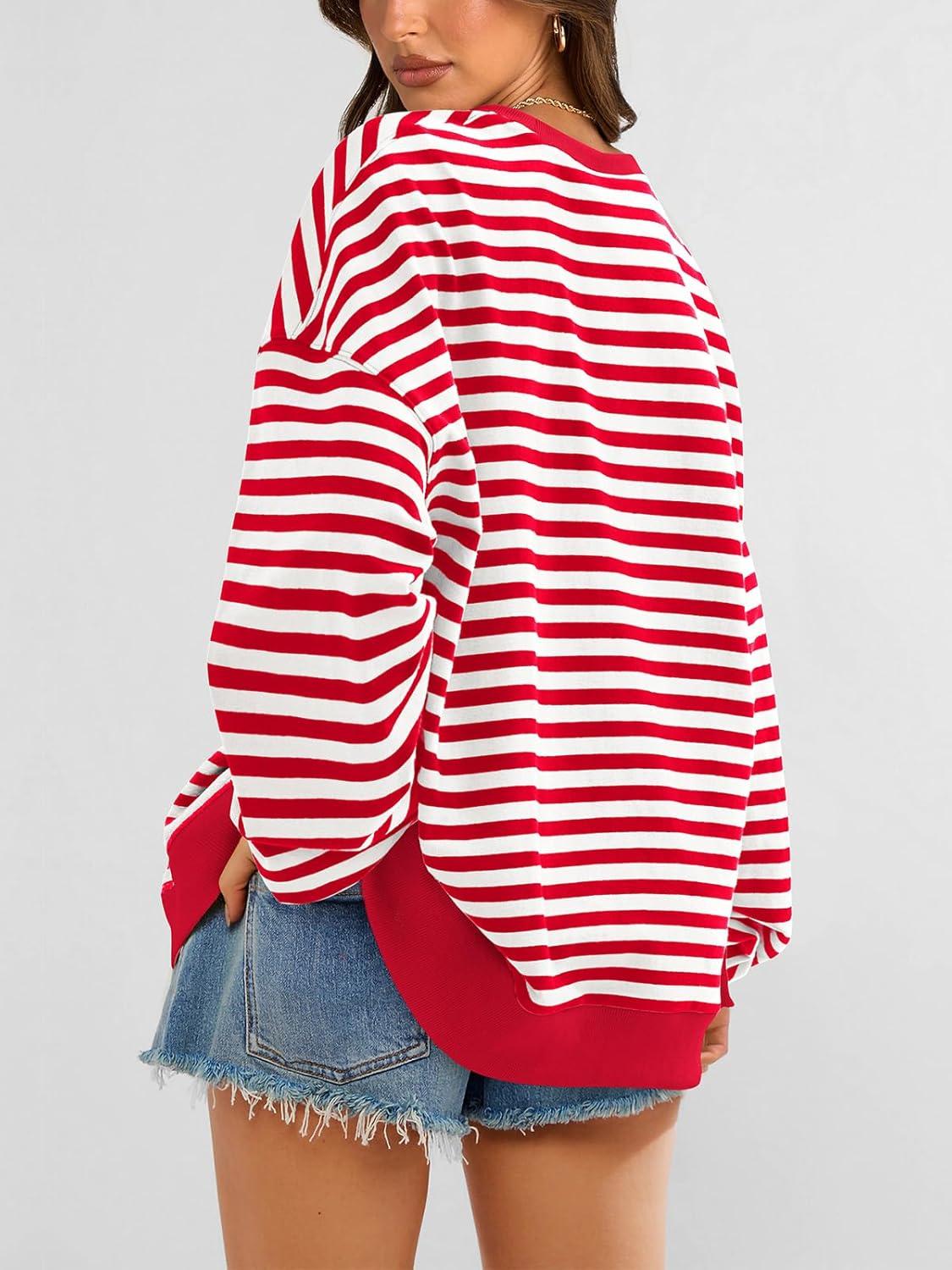 imagePRETTYGARDEN Womens Striped Oversized Sweatshirt Color Block Crew Neck Long Sleeve Casual Loose Pullover Top Y2K ClothesRed White