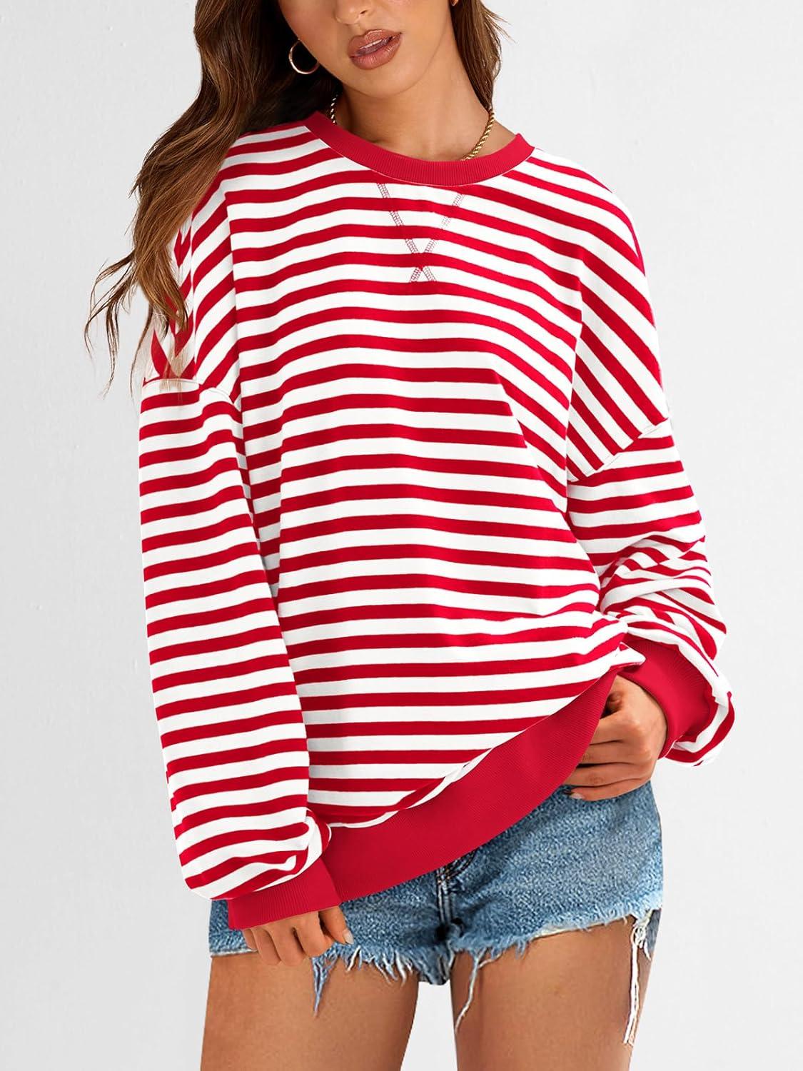 imagePRETTYGARDEN Womens Striped Oversized Sweatshirt Color Block Crew Neck Long Sleeve Casual Loose Pullover Top Y2K ClothesRed White