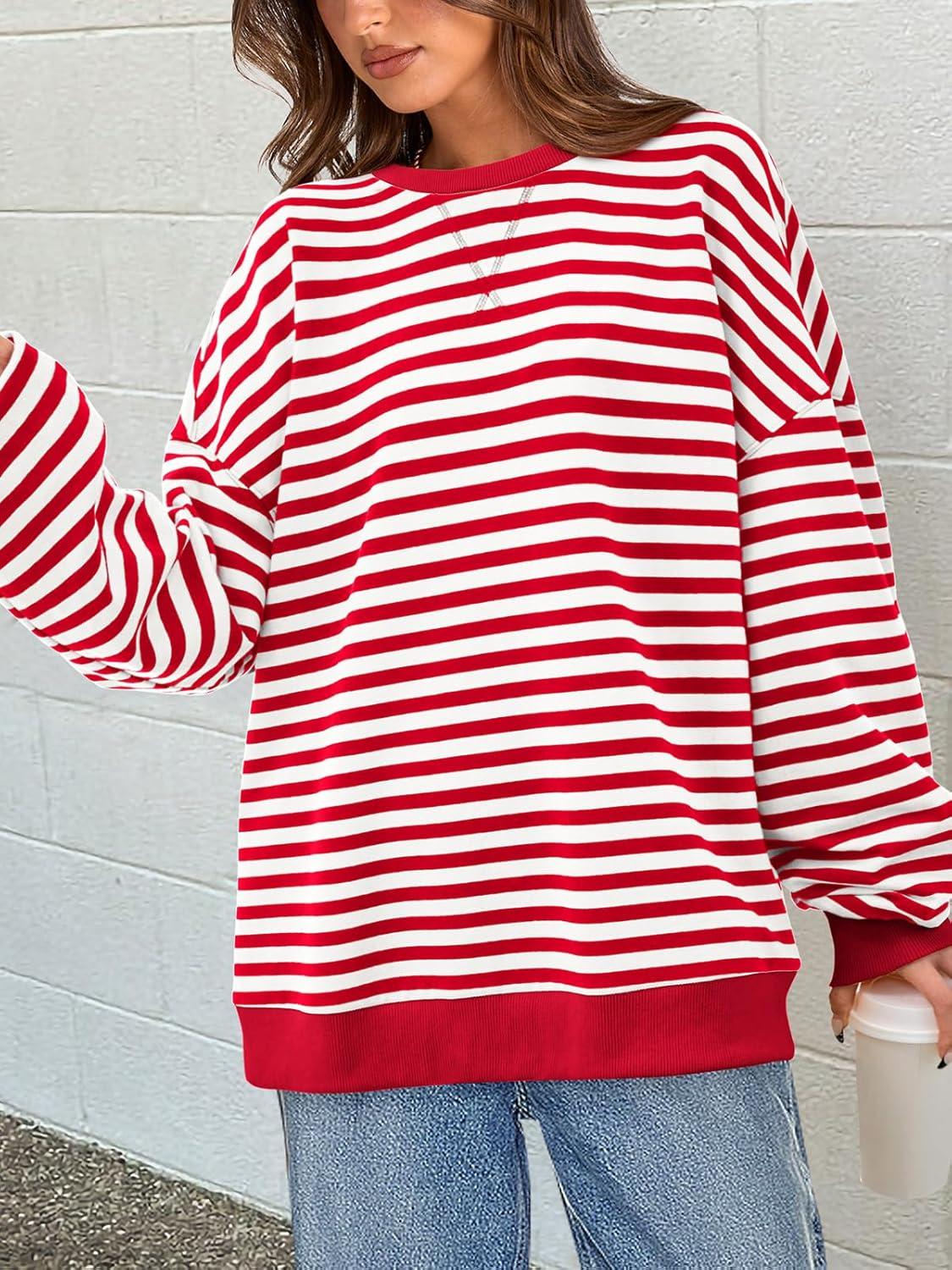 imagePRETTYGARDEN Womens Striped Oversized Sweatshirt Color Block Crew Neck Long Sleeve Casual Loose Pullover Top Y2K ClothesRed White