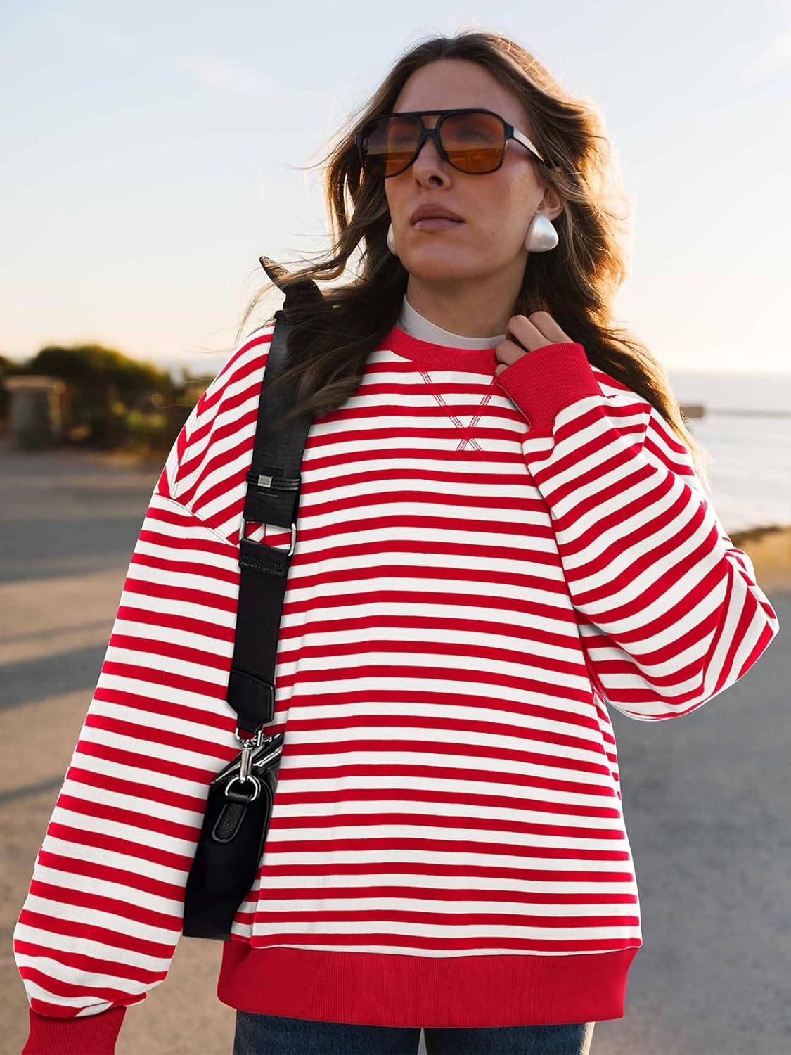 imagePRETTYGARDEN Womens Striped Oversized Sweatshirt Color Block Crew Neck Long Sleeve Casual Loose Pullover Top Y2K ClothesRed White