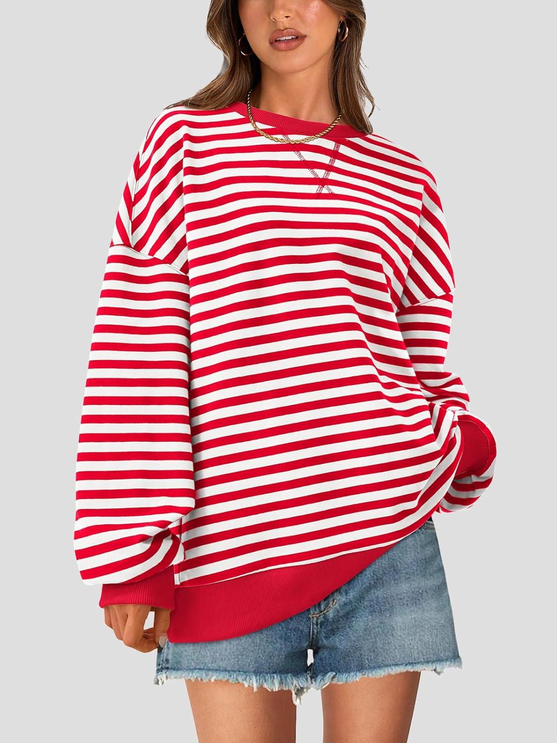 imagePRETTYGARDEN Womens Striped Oversized Sweatshirt Color Block Crew Neck Long Sleeve Casual Loose Pullover Top Y2K ClothesRed White