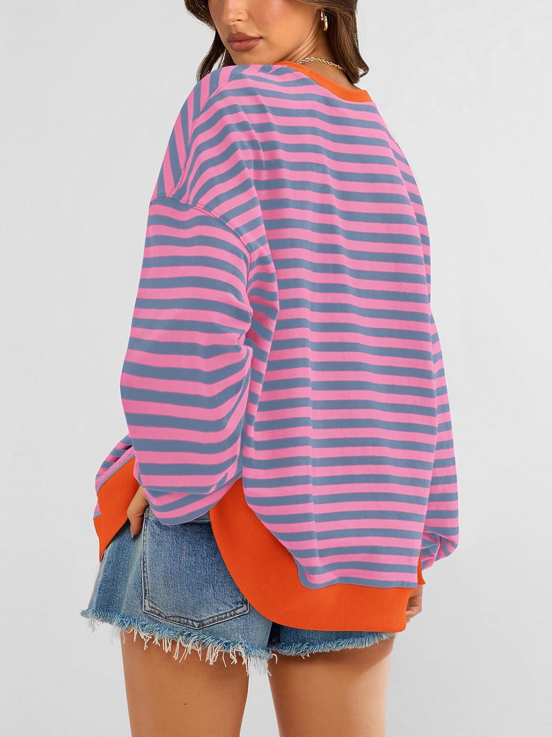 imagePRETTYGARDEN Womens Striped Oversized Sweatshirt Color Block Crew Neck Long Sleeve Casual Loose Pullover Top Y2K ClothesRose Red Grey Blue