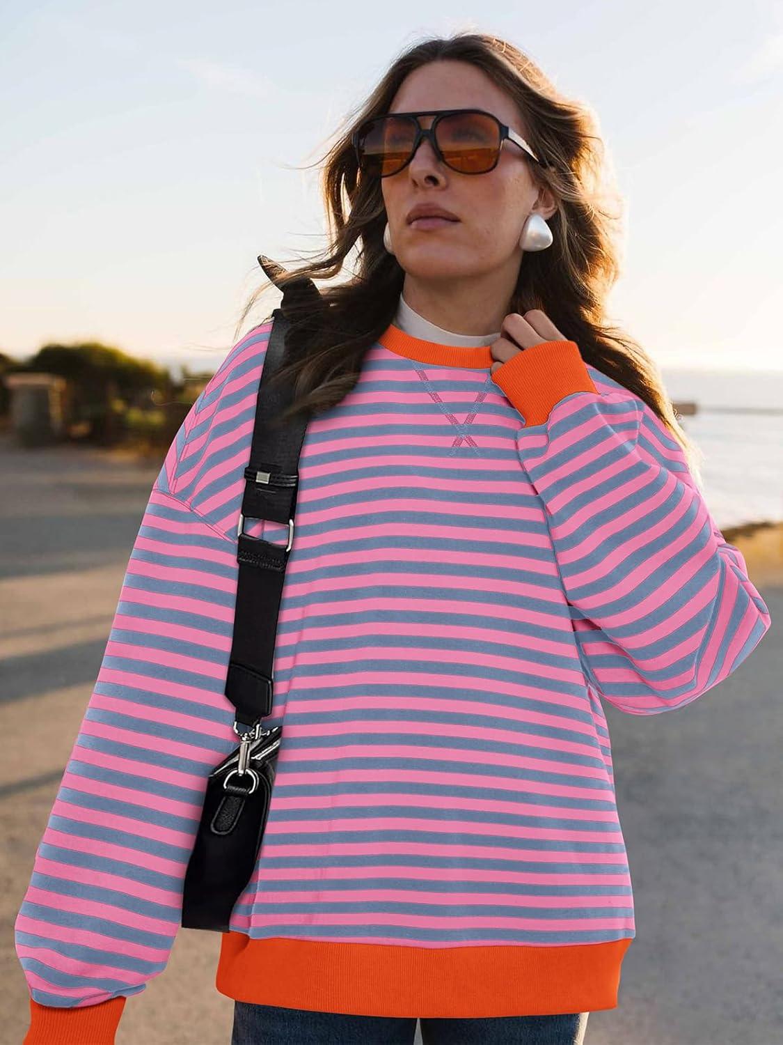 imagePRETTYGARDEN Womens Striped Oversized Sweatshirt Color Block Crew Neck Long Sleeve Casual Loose Pullover Top Y2K ClothesRose Red Grey Blue