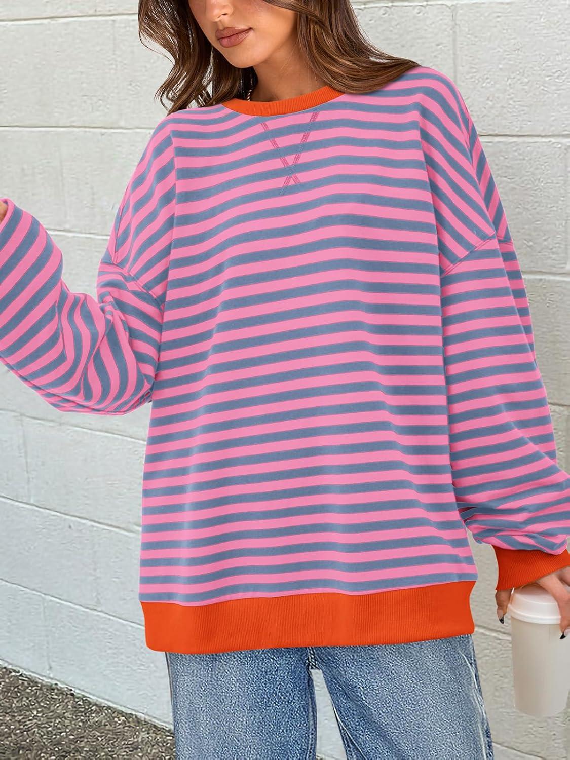 imagePRETTYGARDEN Womens Striped Oversized Sweatshirt Color Block Crew Neck Long Sleeve Casual Loose Pullover Top Y2K ClothesRose Red Grey Blue