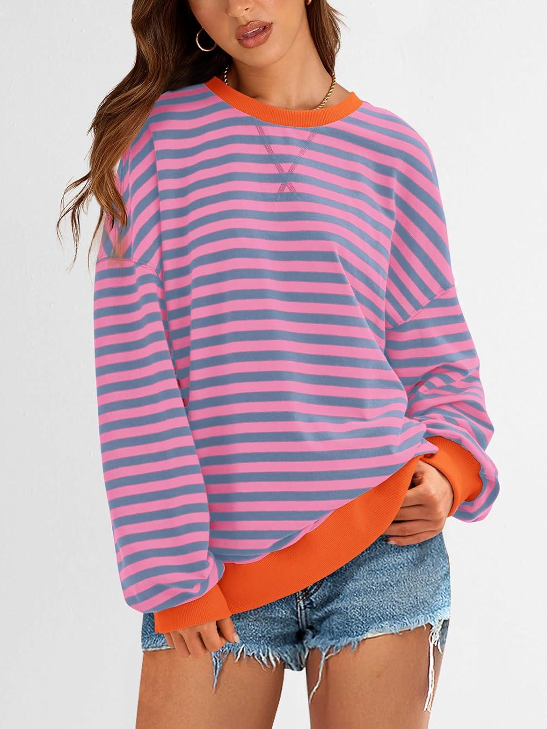 imagePRETTYGARDEN Womens Striped Oversized Sweatshirt Color Block Crew Neck Long Sleeve Casual Loose Pullover Top Y2K ClothesRose Red Grey Blue