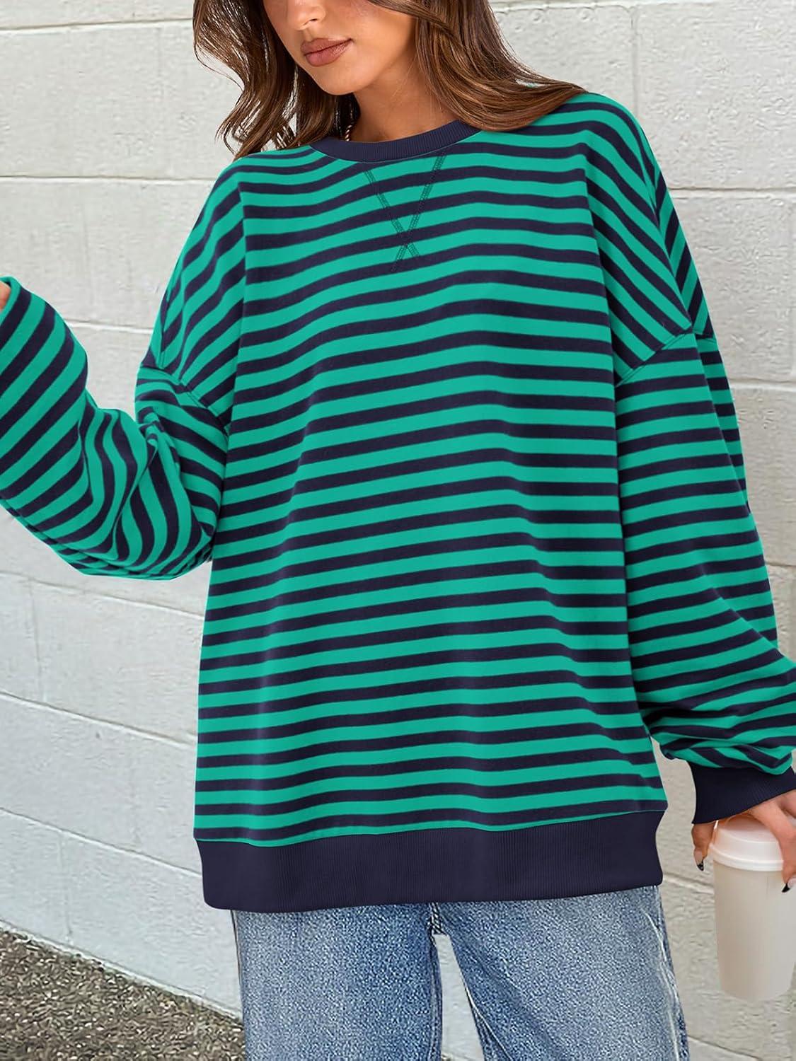 imagePRETTYGARDEN Womens Striped Oversized Sweatshirt Color Block Crew Neck Long Sleeve Casual Loose Pullover Top Y2K ClothesRoyal Blue Green