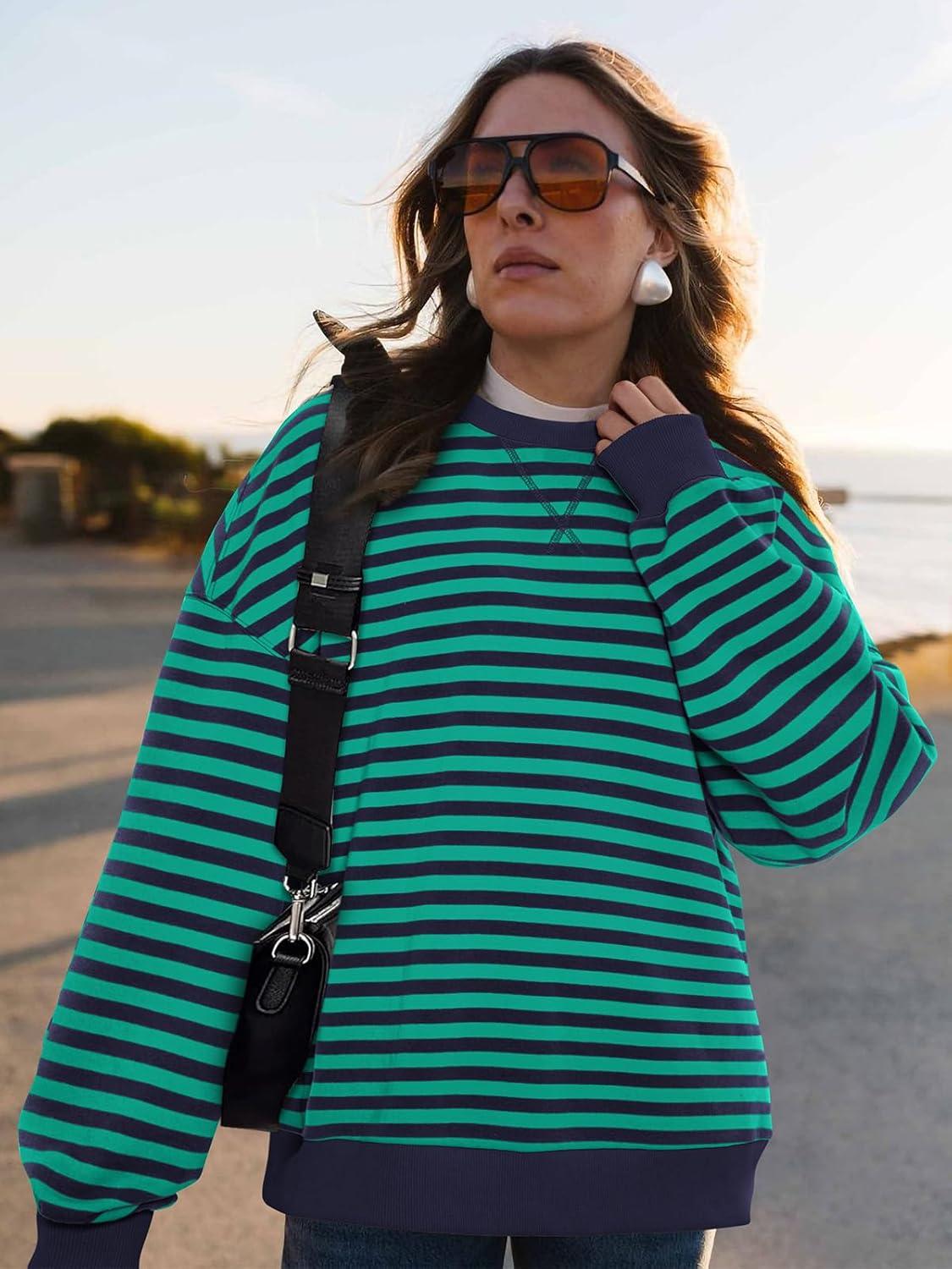 imagePRETTYGARDEN Womens Striped Oversized Sweatshirt Color Block Crew Neck Long Sleeve Casual Loose Pullover Top Y2K ClothesRoyal Blue Green