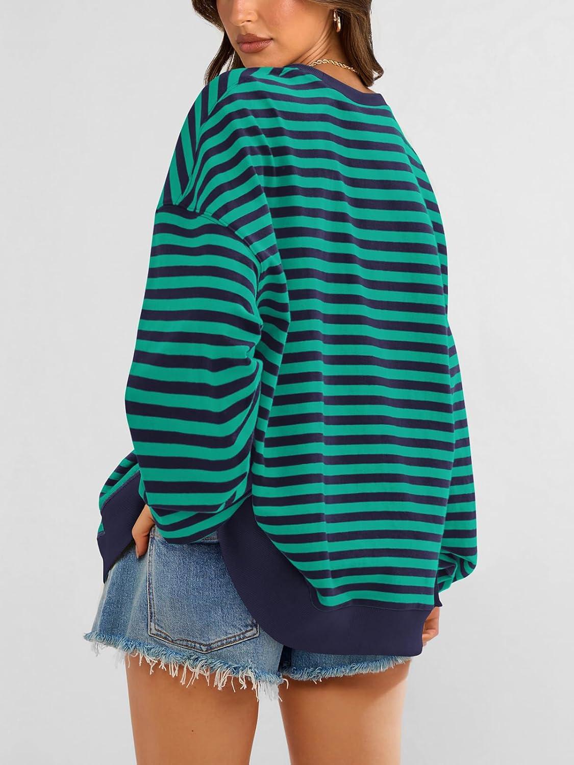 imagePRETTYGARDEN Womens Striped Oversized Sweatshirt Color Block Crew Neck Long Sleeve Casual Loose Pullover Top Y2K ClothesRoyal Blue Green
