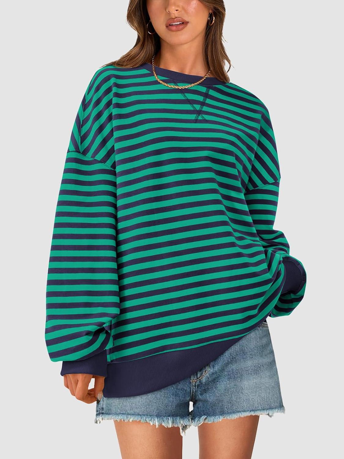 imagePRETTYGARDEN Womens Striped Oversized Sweatshirt Color Block Crew Neck Long Sleeve Casual Loose Pullover Top Y2K ClothesRoyal Blue Green