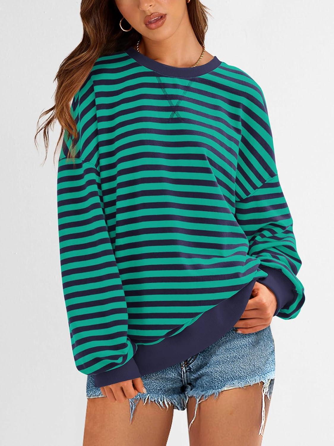 imagePRETTYGARDEN Womens Striped Oversized Sweatshirt Color Block Crew Neck Long Sleeve Casual Loose Pullover Top Y2K ClothesRoyal Blue Green