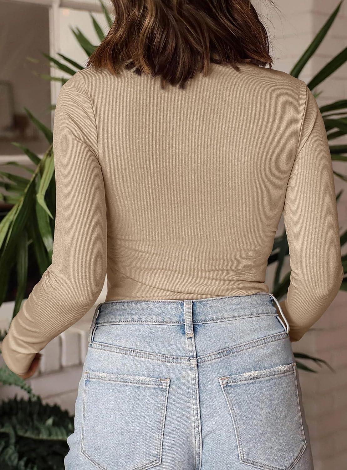 imagePRETTYGARDEN Womens Turtleneck Long Sleeve Shirts 2025 Fall Basic Tees Ribbed Fitted Tops Thermal Layering Knit Top ClothesApricot