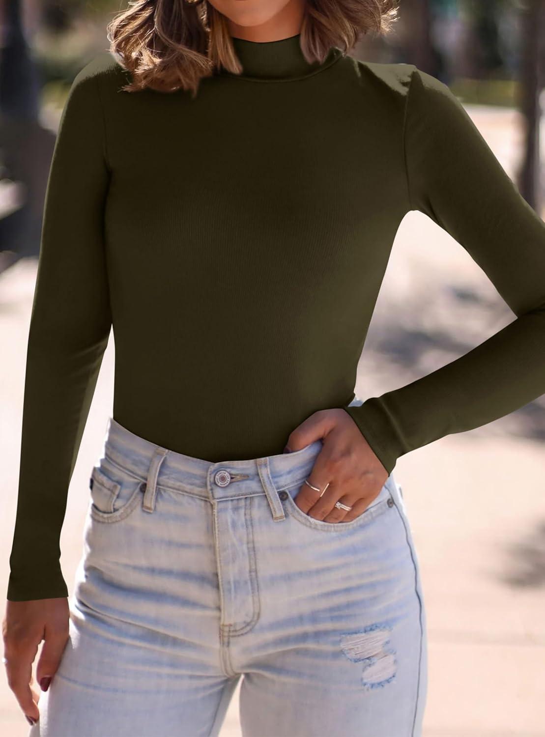 imagePRETTYGARDEN Womens Turtleneck Long Sleeve Shirts 2025 Fall Basic Tees Ribbed Fitted Tops Thermal Layering Knit Top ClothesArmy Green