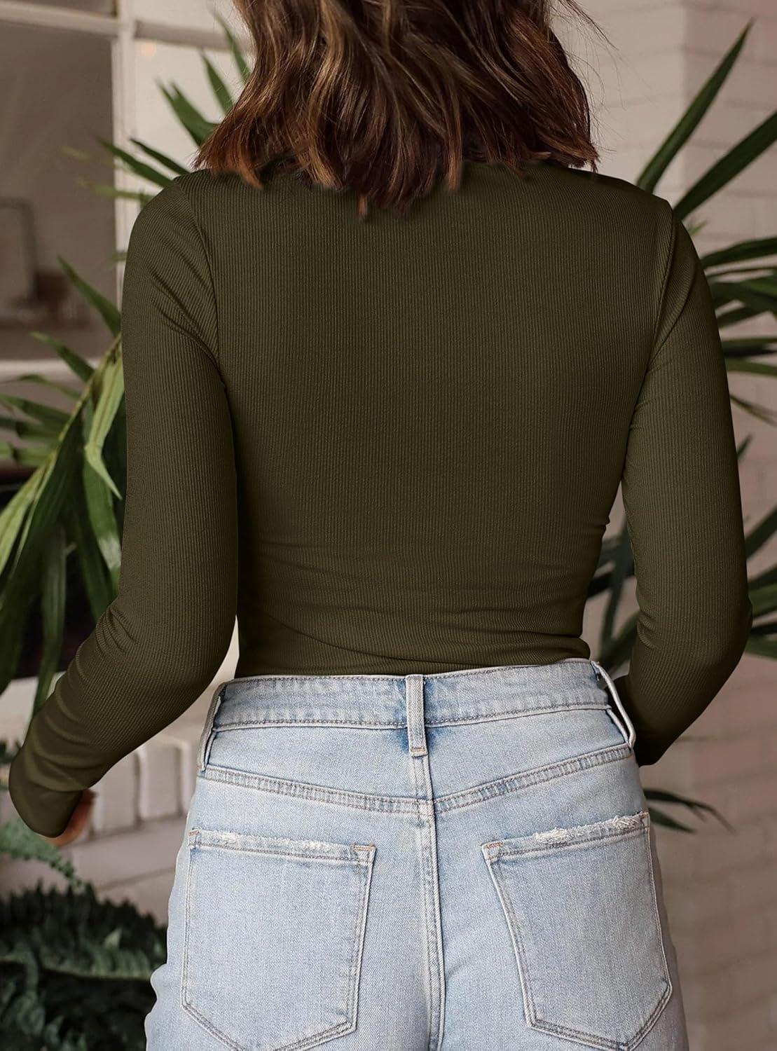 imagePRETTYGARDEN Womens Turtleneck Long Sleeve Shirts 2025 Fall Basic Tees Ribbed Fitted Tops Thermal Layering Knit Top ClothesArmy Green