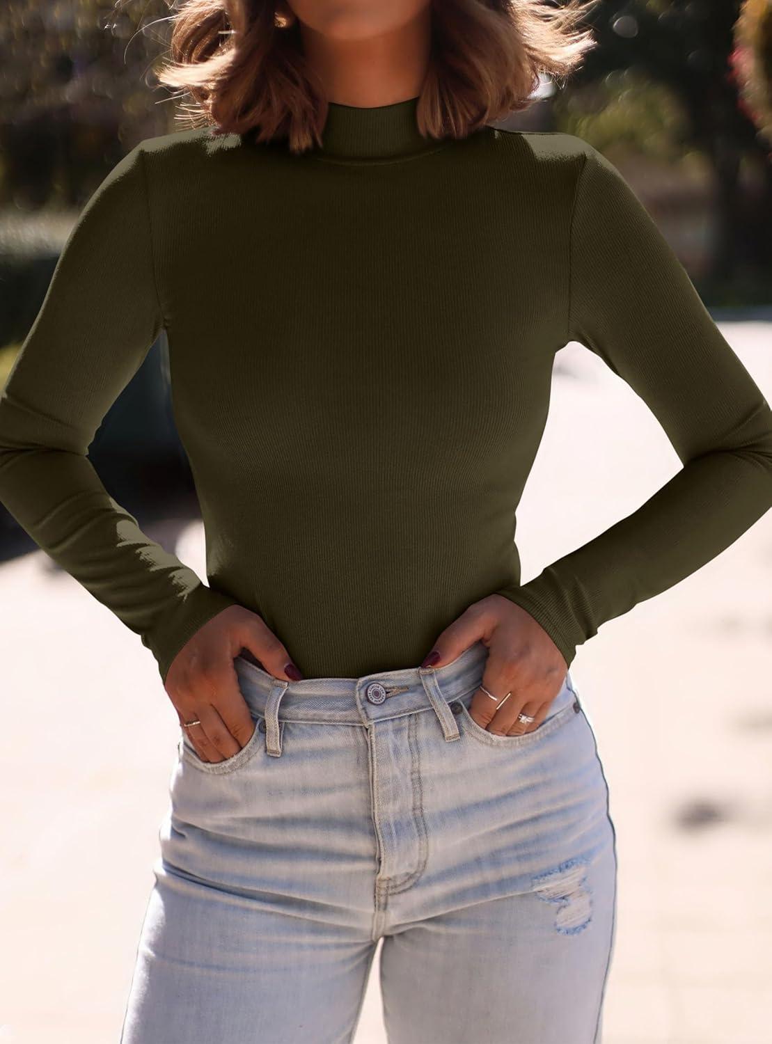 imagePRETTYGARDEN Womens Turtleneck Long Sleeve Shirts 2025 Fall Basic Tees Ribbed Fitted Tops Thermal Layering Knit Top ClothesArmy Green