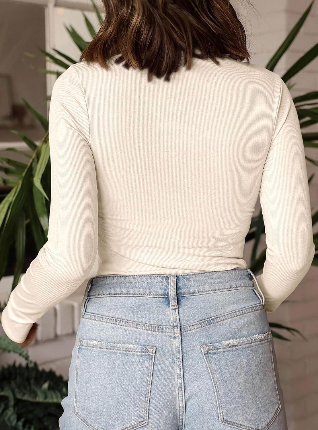 imagePRETTYGARDEN Womens Turtleneck Long Sleeve Shirts 2025 Fall Basic Tees Ribbed Fitted Tops Thermal Layering Knit Top ClothesBeige