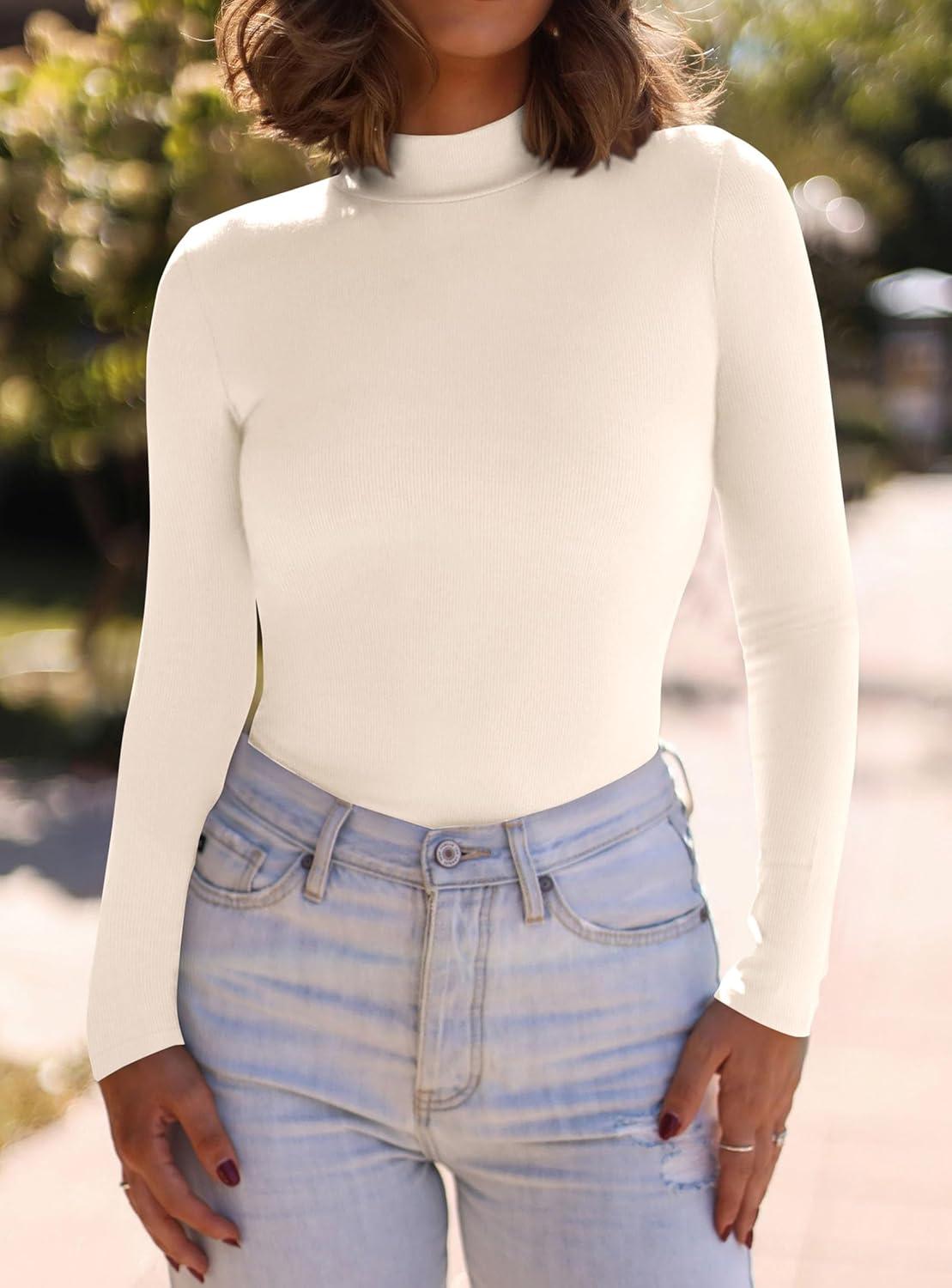 imagePRETTYGARDEN Womens Turtleneck Long Sleeve Shirts 2025 Fall Basic Tees Ribbed Fitted Tops Thermal Layering Knit Top ClothesBeige