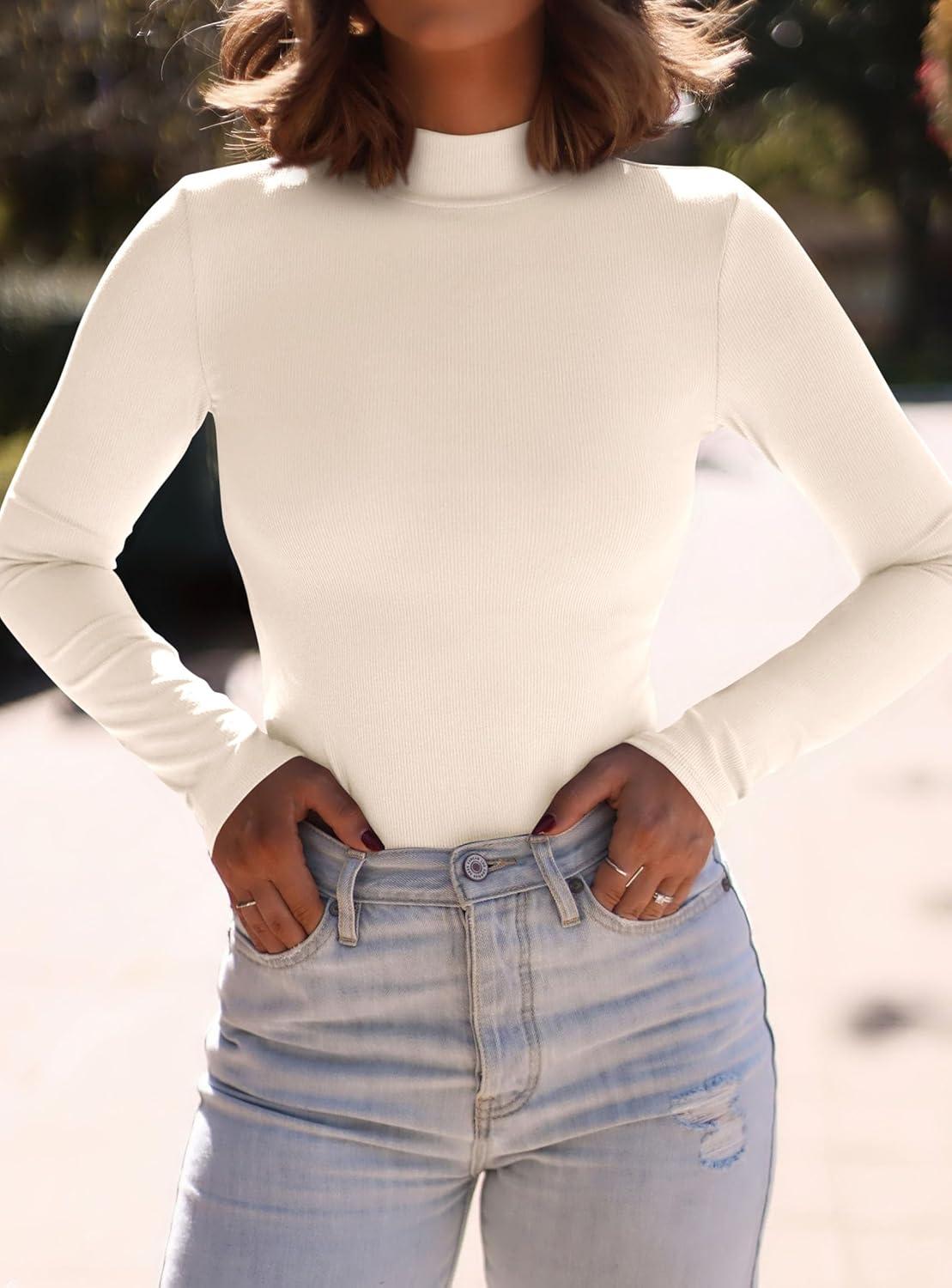 imagePRETTYGARDEN Womens Turtleneck Long Sleeve Shirts 2025 Fall Basic Tees Ribbed Fitted Tops Thermal Layering Knit Top ClothesBeige