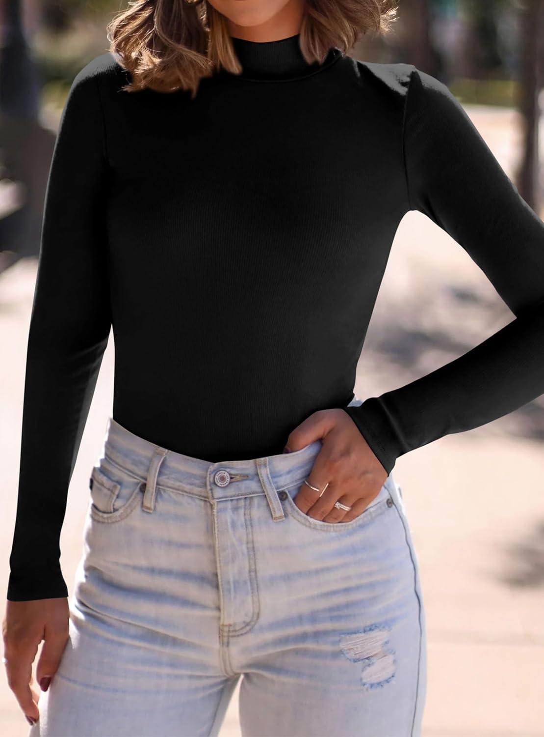 imagePRETTYGARDEN Womens Turtleneck Long Sleeve Shirts 2025 Fall Basic Tees Ribbed Fitted Tops Thermal Layering Knit Top ClothesBlack