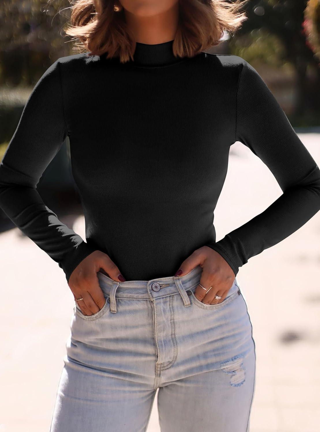 imagePRETTYGARDEN Womens Turtleneck Long Sleeve Shirts 2025 Fall Basic Tees Ribbed Fitted Tops Thermal Layering Knit Top ClothesBlack