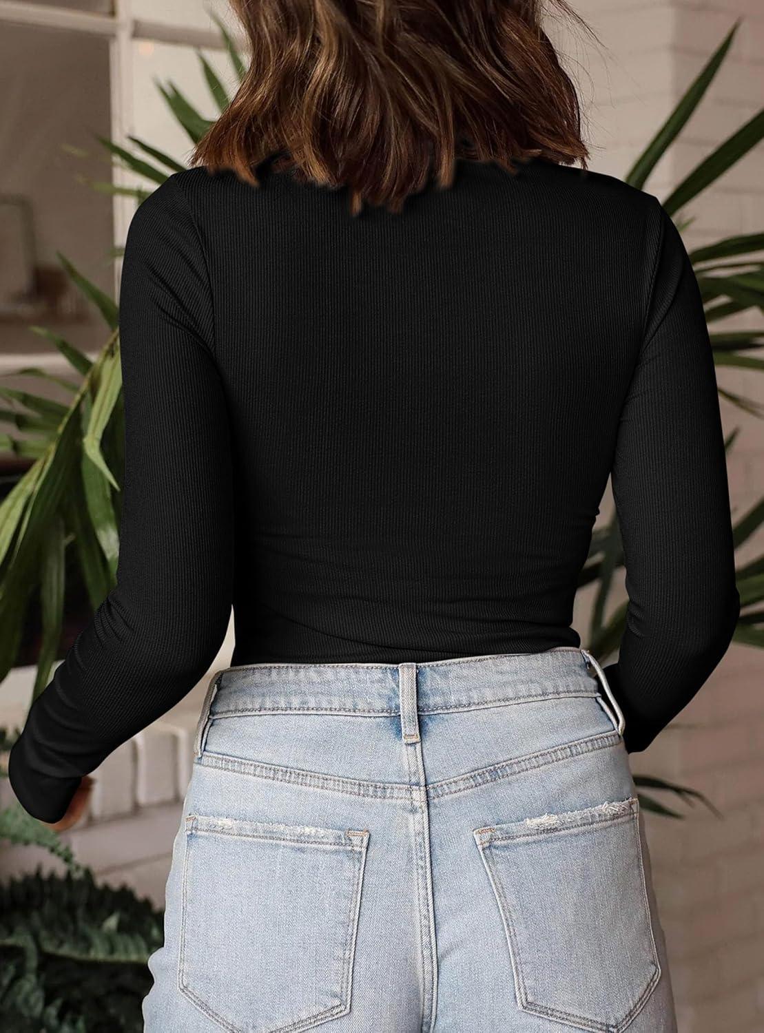 imagePRETTYGARDEN Womens Turtleneck Long Sleeve Shirts 2025 Fall Basic Tees Ribbed Fitted Tops Thermal Layering Knit Top ClothesBlack