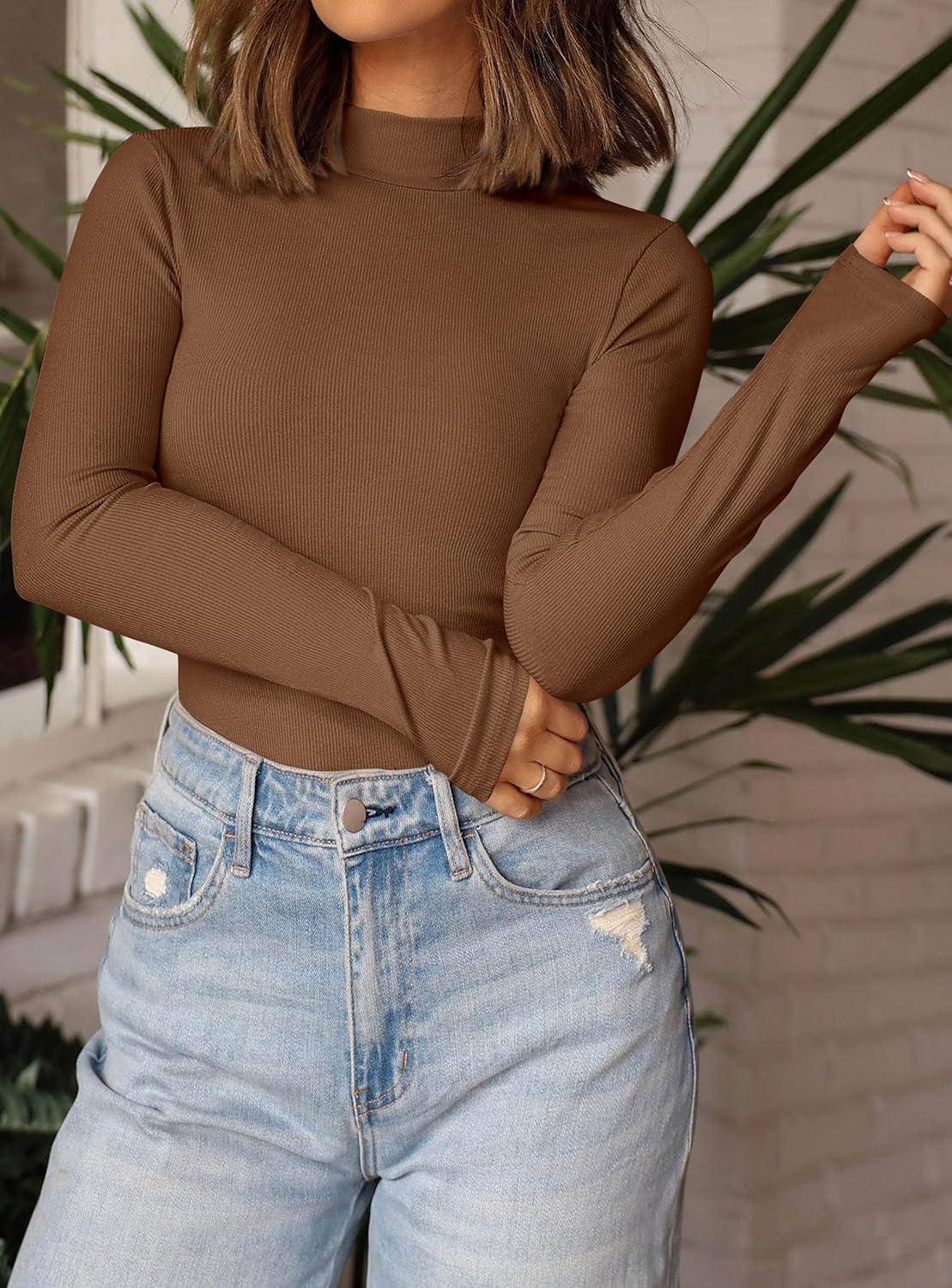 imagePRETTYGARDEN Womens Turtleneck Long Sleeve Shirts 2025 Fall Basic Tees Ribbed Fitted Tops Thermal Layering Knit Top ClothesBrown