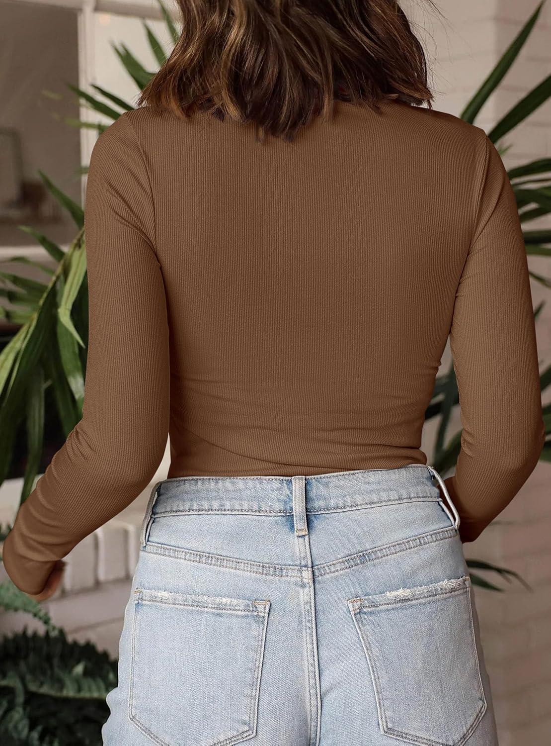 imagePRETTYGARDEN Womens Turtleneck Long Sleeve Shirts 2025 Fall Basic Tees Ribbed Fitted Tops Thermal Layering Knit Top ClothesBrown