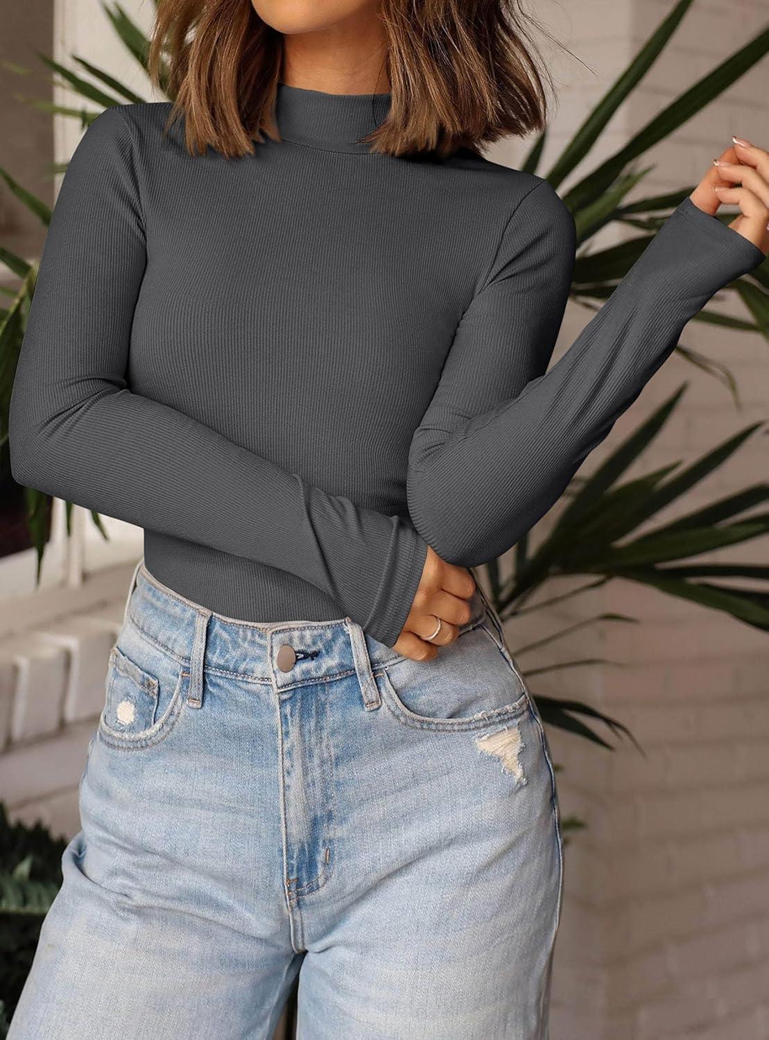 imagePRETTYGARDEN Womens Turtleneck Long Sleeve Shirts 2025 Fall Basic Tees Ribbed Fitted Tops Thermal Layering Knit Top ClothesDark Grey