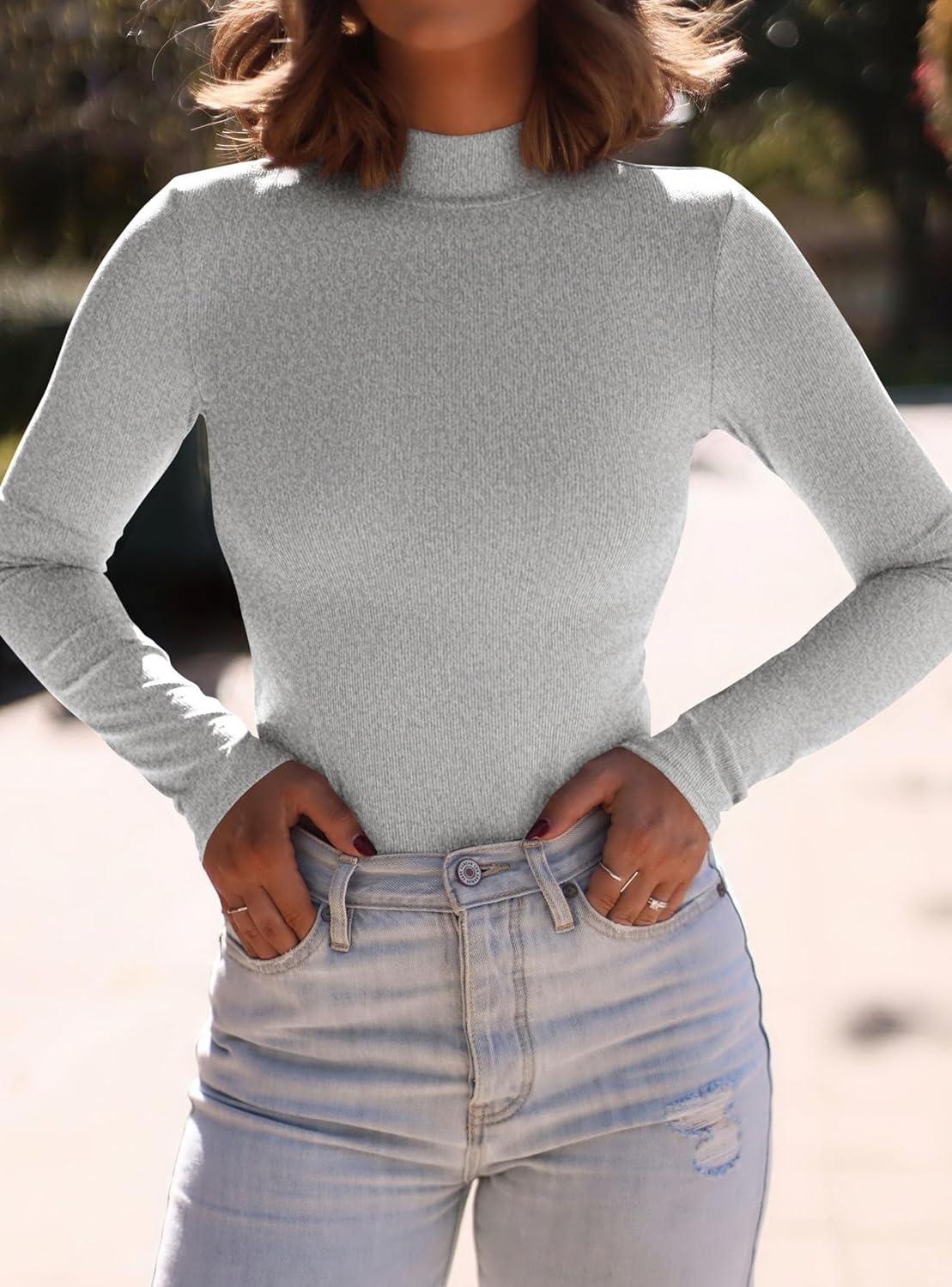 imagePRETTYGARDEN Womens Turtleneck Long Sleeve Shirts 2025 Fall Basic Tees Ribbed Fitted Tops Thermal Layering Knit Top ClothesGrey