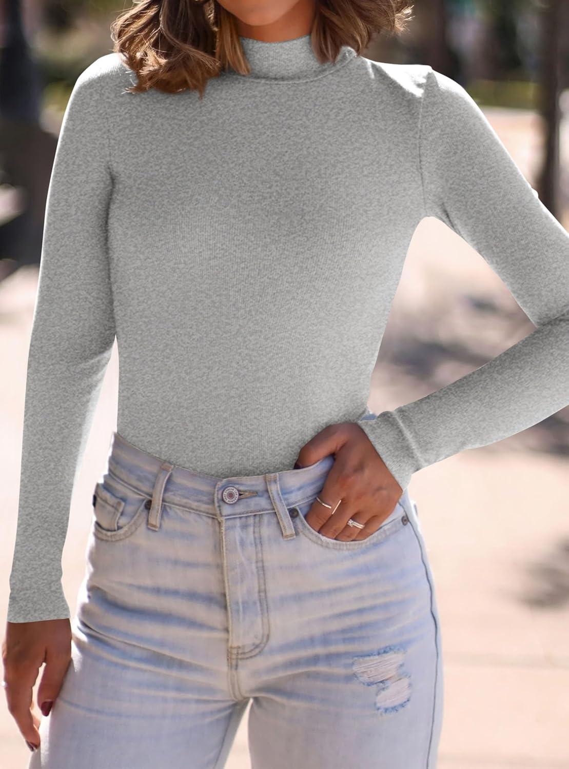 imagePRETTYGARDEN Womens Turtleneck Long Sleeve Shirts 2025 Fall Basic Tees Ribbed Fitted Tops Thermal Layering Knit Top ClothesGrey